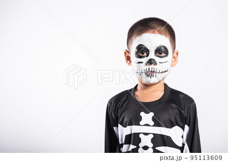 Portrait of Asian little kid boy wearing skeleton costume Portrait of Asian little kid boy wearing skeleton costume 95113609