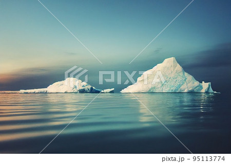 Floating icebergs in polar sea, visible glacier sticking out of water Floating icebergs in polar sea, visible glacier sticking out of water 95113774
