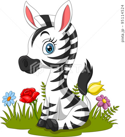 Cartoon baby zebra sitting in the grass 95114524