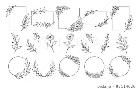 植物のイラスト素材 装飾フレームのセット 黒色の線画 花と葉のラインアート のイラスト素材