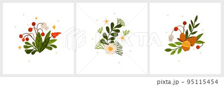 Hand drawn vector abstract graphic Merry Christmas and Happy new year clipart illustrations greeting card set with flowers and leaves.Merry Christmas cute floral design background.Winter holiday art. 95115454