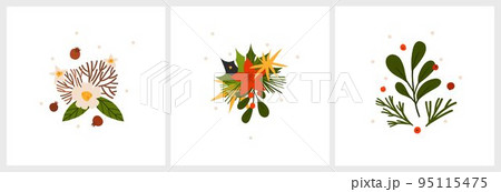 Hand drawn vector abstract graphic Merry Christmas and Happy new year clipart illustrations greeting card set with flowers and leaves.Merry Christmas cute floral design background.Winter holiday art. 95115475