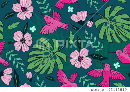 Seamless pattern with tropical plants and hummingbirds. Vector graphics. 95115619