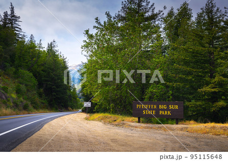 Welcome sign at the entrance to Pfeiffer Big Sur State Park in California 95115648