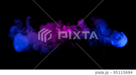 Swirling neon blue and purple multicolored smoke puff cloud design element isolated on black 95115694