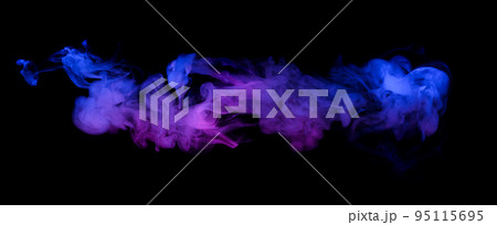 Swirling neon blue and purple multicolored smoke puff cloud design element isolated on black  95115695
