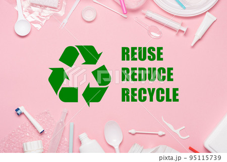 Plastics with recycling symbol and reuse reduce recycle text top view Plastics with recycling symbol and reuse reduce recycle text top view 95115739