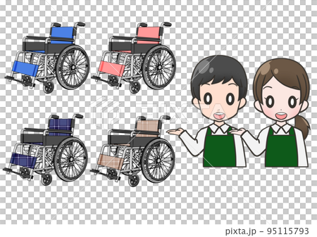 車椅子レンタル店とエプロンを付けたショップ店員男女上半身 車椅子レンタル店とエプロンを付けたショップ店員男女上半身 95115793