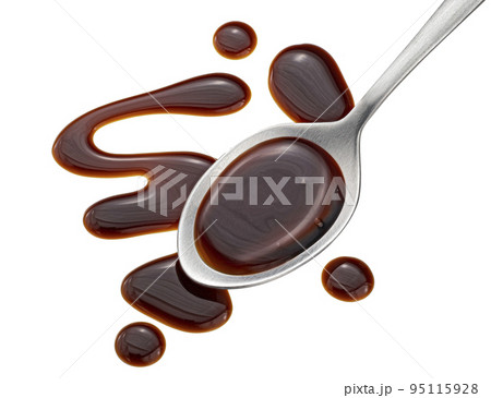 Balsamic sauce in spoon isolated on white background, top view 95115928