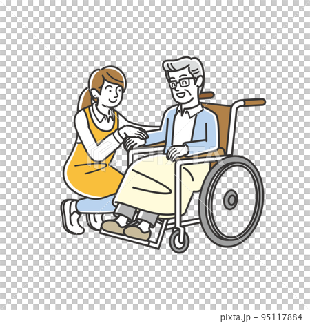 車椅子に乗るシニア男性と介護スタッフ 95117884