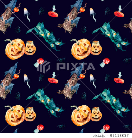 Smiling pumpkins and whimsical houses watercolor seamless pattern isolated on dark. Smiling pumpkins and whimsical houses watercolor seamless pattern isolated on dark. 95118357
