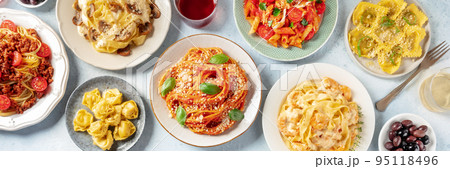 Pasta panorama. Assortment of Italian pastas, with spaghetti in tomato sauce etc 95118496