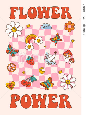 Retro slogan Flower Power, with distorted chessboard and groovy elements 95118667