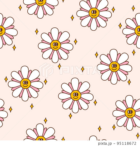 Retro seamless pattern with groovy happy daisies and stars Retro seamless pattern with groovy happy daisies and stars 95118672