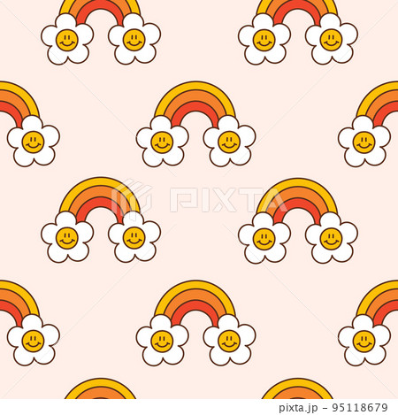 Retro seamless pattern with groovy rainbow and happy daisies 95118679