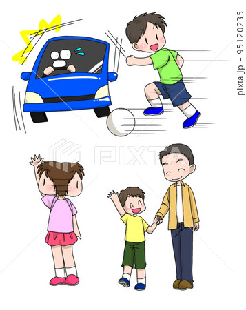 児童が車道に飛び出したり、気をつけて手を上げている 95120235