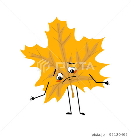 Maple leaf character with sad emotions, depressed face, down eyes, arms and legs. A funny forest plant in autumn yellow colour Maple leaf character with sad emotions, depressed face, down eyes, arms and legs. A funny forest plant in autumn yellow colour 95120465