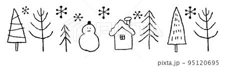 手描きの冬の木と雪だるまと家のバナー_黒 手描きの冬の木と雪だるまと家のバナー_黒 95120695