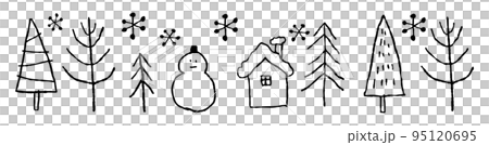 手描きの冬の木と雪だるまと家のバナー_黒 手描きの冬の木と雪だるまと家のバナー_黒 95120695