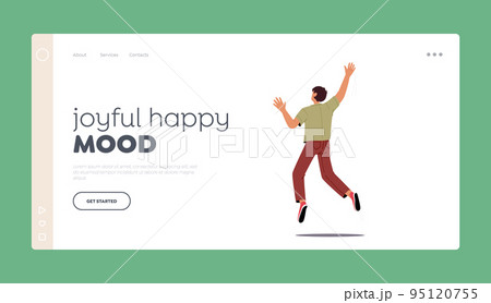 Joyful Happy Mood Landing Page Template. Happy Boy Jump with Raised Arms Back View, Male Character Positive Emotions Joyful Happy Mood Landing Page Template. Happy Boy Jump with Raised Arms Back View, Male Character Positive Emotions 95120755