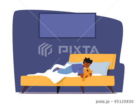 Little Black Baby Boy Wear Pajama with Toy in Hands Sleeping on Bed Side View. Kid Character Lying in Relaxed Pose Little Black Baby Boy Wear Pajama with Toy in Hands Sleeping on Bed Side View. Kid Character Lying in Relaxed Pose 95120830