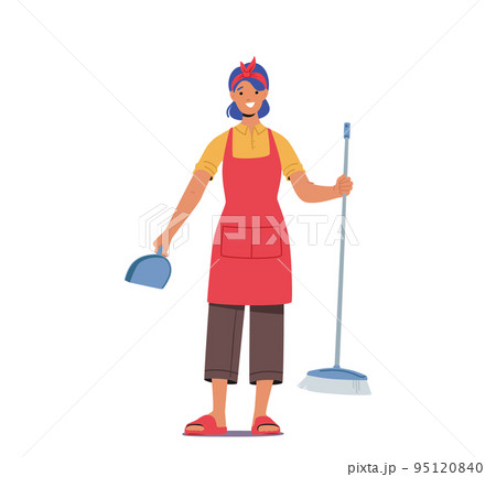 Home Routine, Household Duties in Living Room. Young Woman Doing Domestic Work, Cleaning Floor with Brush and Scoop Home Routine, Household Duties in Living Room. Young Woman Doing Domestic Work, Cleaning Floor with Brush and Scoop 95120840