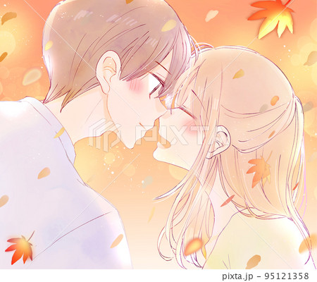 顔を合わせる幸せそうな男女 紅葉 95121358