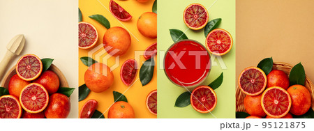 Collage of photos of red orange juice and ingredients 95121875