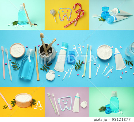 Collage of photos of dental care accessories 95121877