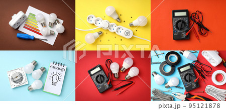 Collage of photos of different electrician tools 95121878