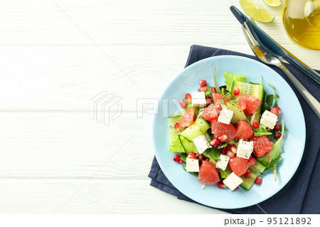 Concept of tasty food, salad with red orange, space for text Concept of tasty food, salad with red orange, space for text 95121892