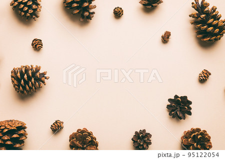 minimal creative cone frame arrangement pattern on colored background . flat lay, top view. christmas background with copy space minimal creative cone frame arrangement pattern on colored background . flat lay, top view. christmas background with copy space 95122054