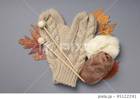 Concept of hobby, cozy hobby, knitting, top view 95122291