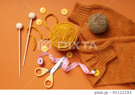 Concept of hobby, cozy hobby, knitting, top view 95122293