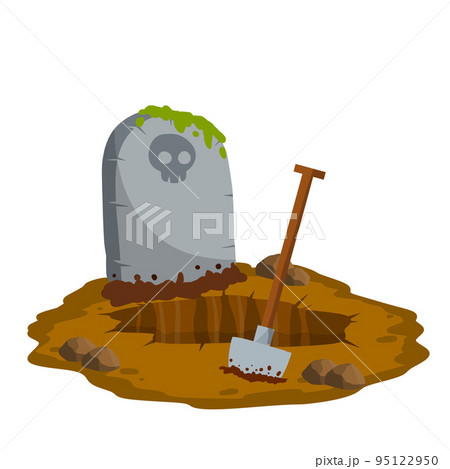Stone tombstone stands on ground with grave. Celebration of Halloween. Skull on stone. Detail cemetery. Cartoon illustration Stone tombstone stands on ground with grave. Celebration of Halloween. Skull on stone. Detail cemetery. Cartoon illustration 95122950