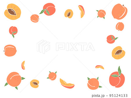Frame with colored peaches. Decorative fruits and leaves. 95124133
