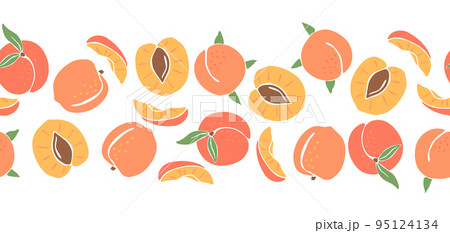 Seamless pattern with colored peaches. Decorative fruits and leaves. 95124134