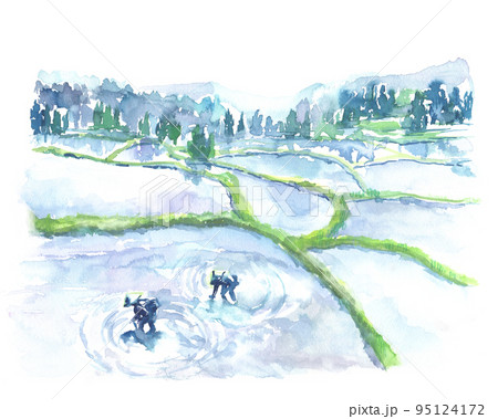 水彩で描いた田植えの風景イラスト 95124172
