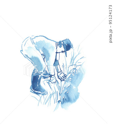 水彩で描いた田舎の田んぼと田植えをする人の風景 水彩で描いた田舎の田んぼと田植えをする人の風景 95124173