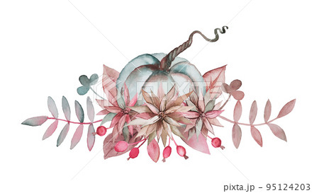 Autumn composition of pumpkins, flowers and leaves. Watercolor illustration for autumn holidays and thanksgiving day 95124203