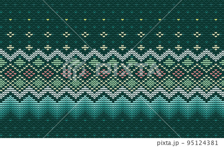 Abstract knitted ethnic pattern, Vector embroidery aztec background, Green cross stitch culture crochet style 95124381