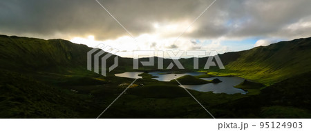 Landscape sunset view to Caldeirao crater, Corvo island, Azores, Landscape sunset view to Caldeirao crater, Corvo island, Azores, 95124903