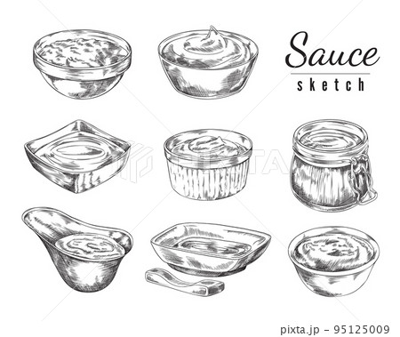 Various sauces in bowls, hand drawn sketch vector illustration isolated on white background. 95125009