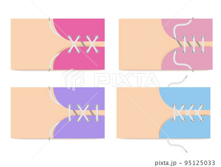 Banners with boots lacing on leather, set of realistic mockups vector isolated. 95125033