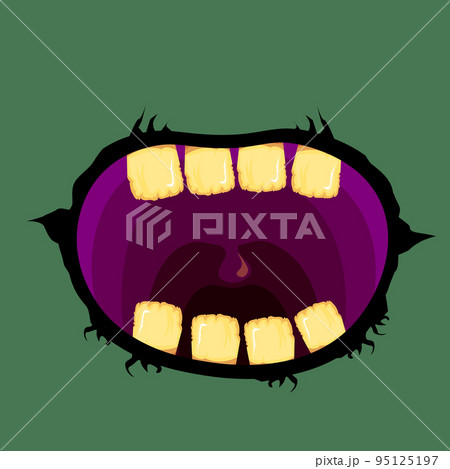 Vector cartoon funny zombie monster open mouth with rotten teeth isolated on green background. Vector Halloween greeting card with funne green monster mouth. Cartoon vampire and witch fangs 95125197