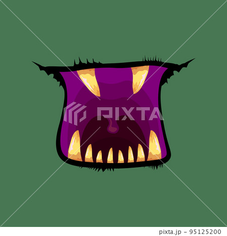 Vector cartoon funny zombie monster open mouth with rotten teeth isolated on green background. Vector Halloween greeting card with funne green monster mouth. Cartoon vampire and witch fangs 95125200