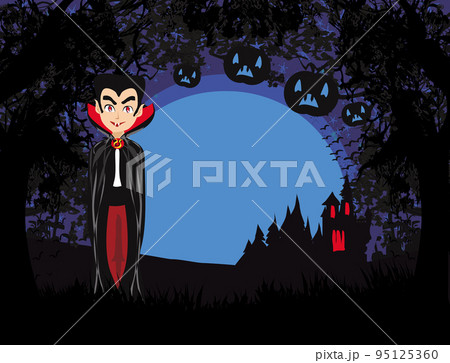 Cartoon Vampire with a haunted castle during the full moon, card with space for text Cartoon Vampire with a haunted castle during the full moon, card with space for text 95125360
