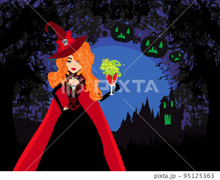 beautiful elegant red-haired witch with a drink of poison 95125363