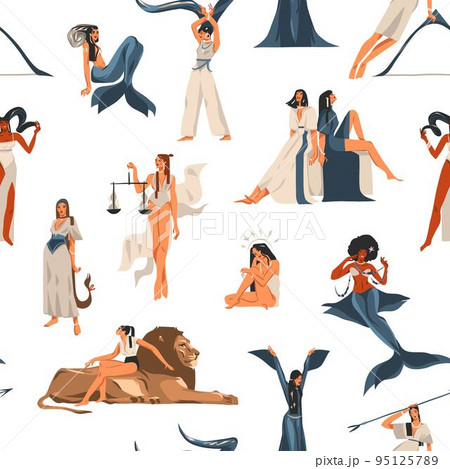 Hand drawn vector stock abstract flat graphic illustration with zodiac sign astrological contemporary seamless pattern with beauty magic females characters,clipart artistic bohemian design. Hand drawn vector stock abstract flat graphic illustration with zodiac sign astrological contemporary seamless pattern with beauty magic females characters,clipart artistic bohemian design. 95125789