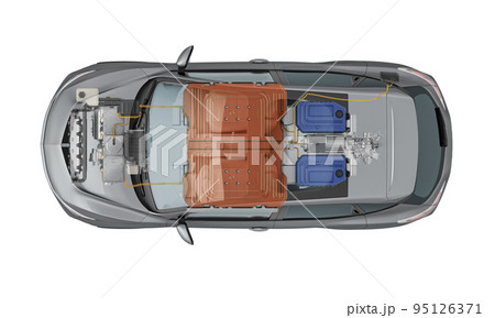 Electric car technical cutaway 3d rendering. Top view. Electric car technical cutaway 3d rendering. Top view. 95126371